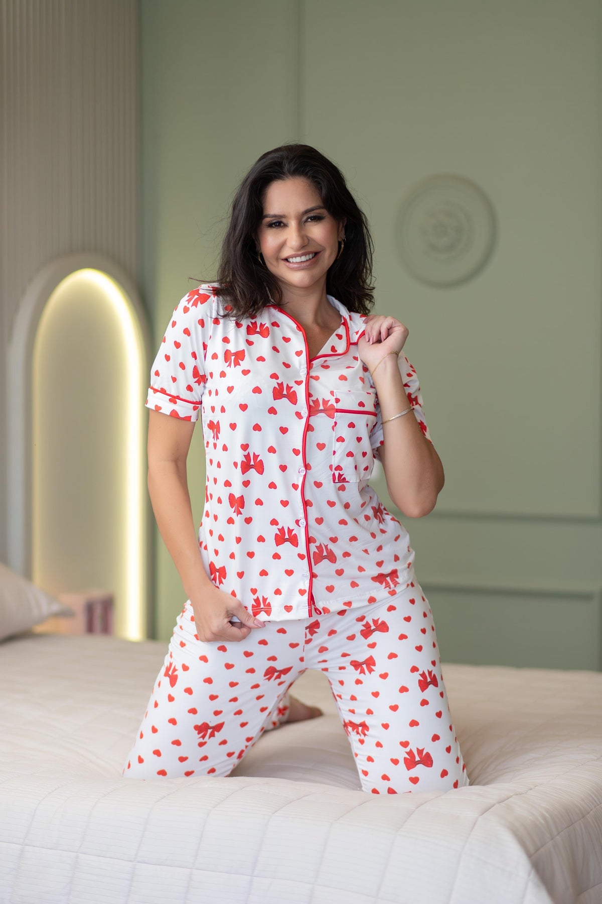 Americano calça com manga curta LAÇO VERMELHO - Pandite pijamas