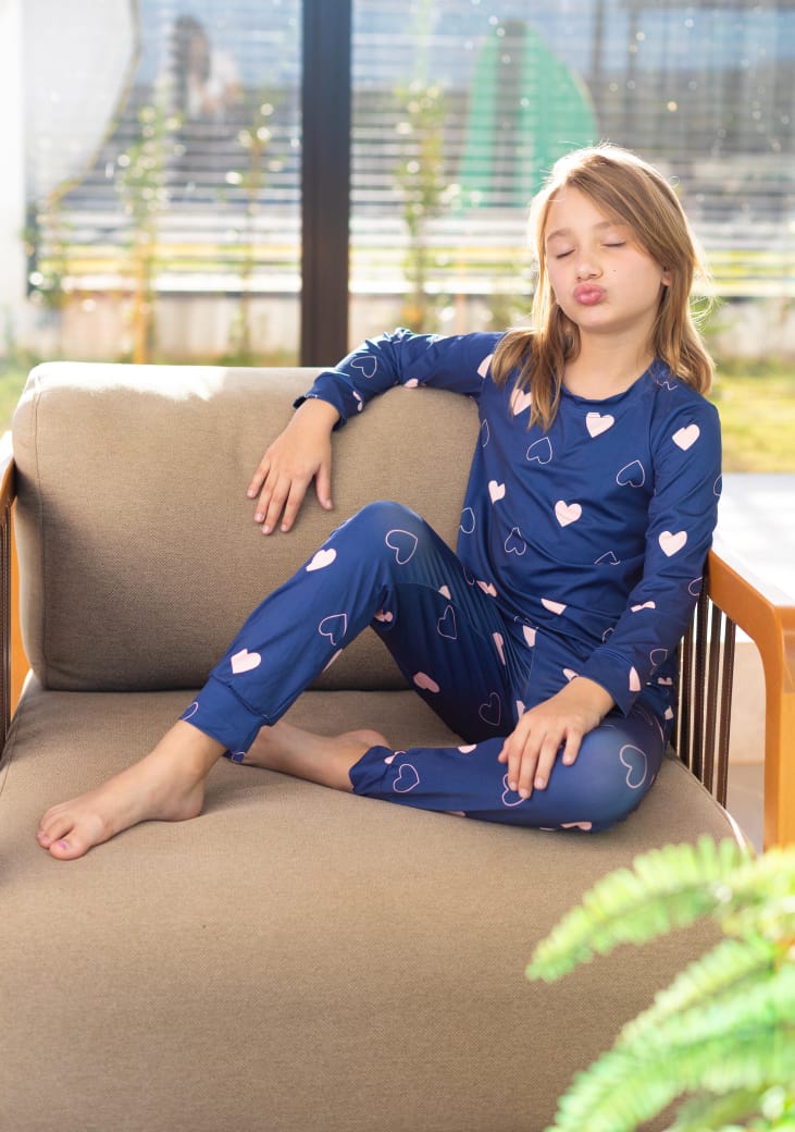 Manga Longa Tradicional infantil azul marinho coração rosa - pandite pijamas